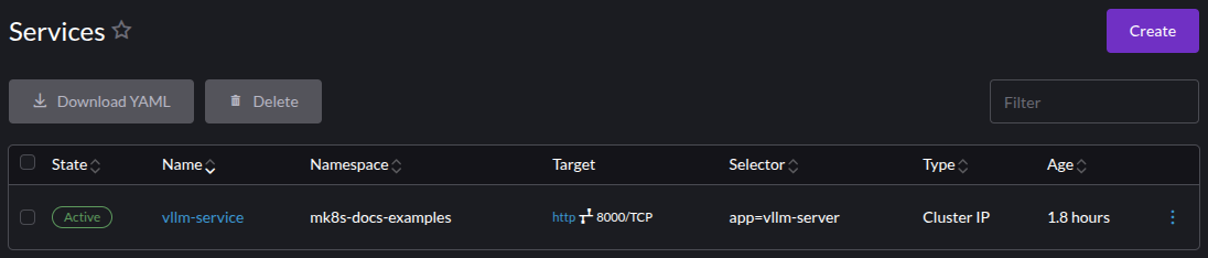 Screenshot of the vLLM Service in the Rancher Dashboard