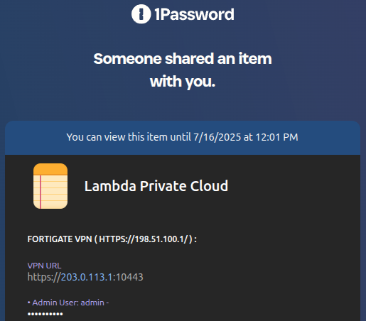 Screenshot of a 1Password vault for Private Cloud